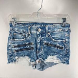 American Eagle Women's Acid Wash Distressed Stretch Hi-Rise Shortie Blue Size 4